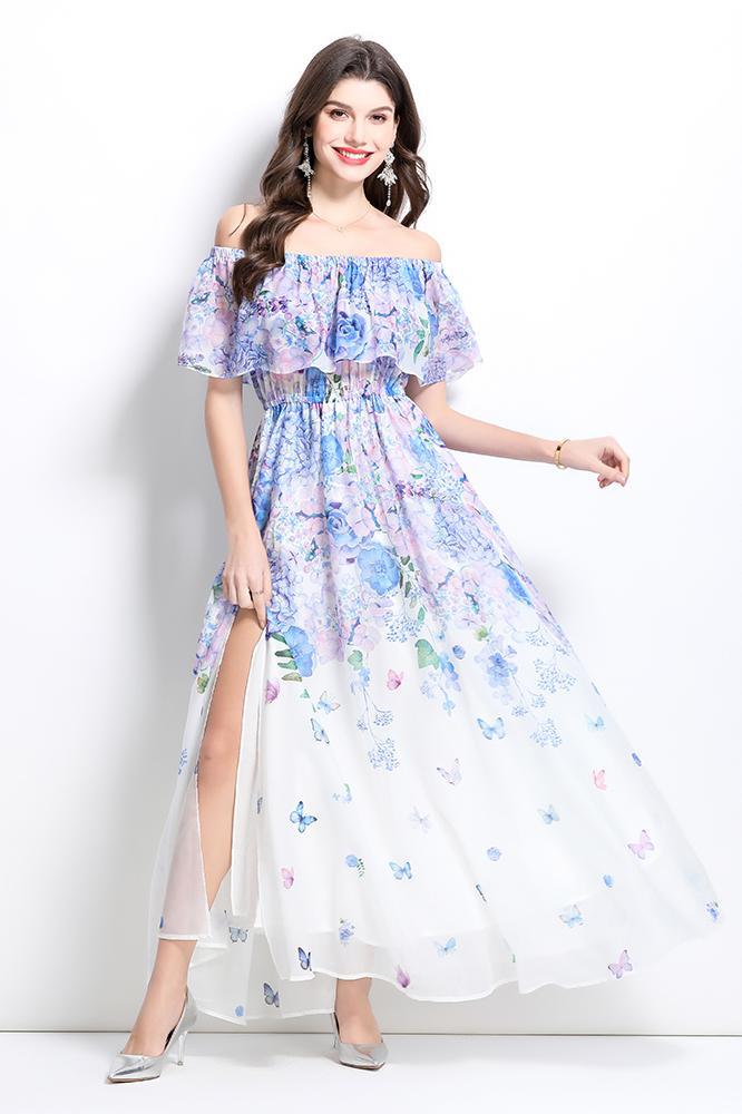 Off-Shoulder Floral Slit Maxi Dress