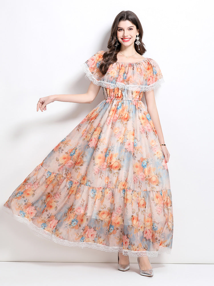 Vintage Off-Shoulder Floral Maxi Dress